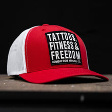 Load image into Gallery viewer, Tattoos, Fitness, &amp; Freedom Black Patch Mid-Profile Mesh Snapback Hat
