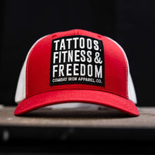 Load image into Gallery viewer, Tattoos, Fitness, &amp; Freedom Black Patch Mid-Profile Mesh Snapback Hat