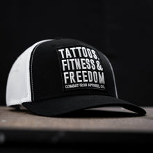 Load image into Gallery viewer, Tattoos, Fitness, &amp; Freedom Black Patch Mid-Profile Mesh Snapback Hat