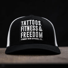 Load image into Gallery viewer, Tattoos, Fitness, &amp; Freedom Black Patch Mid-Profile Mesh Snapback Hat