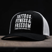 Load image into Gallery viewer, Tattoos, Fitness, &amp; Freedom Black Patch Mid-Profile Mesh Snapback Hat