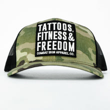 Load image into Gallery viewer, Tattoos, Fitness, &amp; Freedom Black Patch Mid-Profile Mesh Snapback Hat