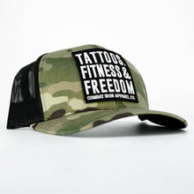 Load image into Gallery viewer, Tattoos, Fitness, &amp; Freedom Black Patch Mid-Profile Mesh Snapback Hat