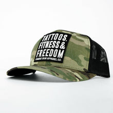 Load image into Gallery viewer, Tattoos, Fitness, &amp; Freedom Black Patch Mid-Profile Mesh Snapback Hat