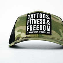 Load image into Gallery viewer, Tattoos, Fitness, &amp; Freedom Black Patch Mid-Profile Mesh Snapback Hat