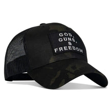 Load image into Gallery viewer, God, Guns, And Freedom Patch Mid-Profile Mesh Snapback Hat