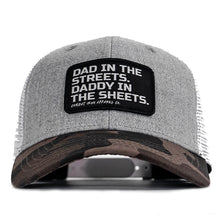 Load image into Gallery viewer, Dad In The Streets. Daddy In The Sheets. Black Patch Snapback Hat