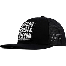 Load image into Gallery viewer, Tattoos, Fitness, &amp; Freedom Black Patch Mid-Profile Mesh Snapback Hat