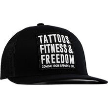 Load image into Gallery viewer, Tattoos, Fitness, &amp; Freedom Black Patch Mid-Profile Mesh Snapback Hat