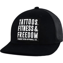 Load image into Gallery viewer, Tattoos, Fitness, &amp; Freedom Black Patch Mid-Profile Mesh Snapback Hat