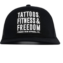 Load image into Gallery viewer, Tattoos, Fitness, &amp; Freedom Black Patch Mid-Profile Mesh Snapback Hat